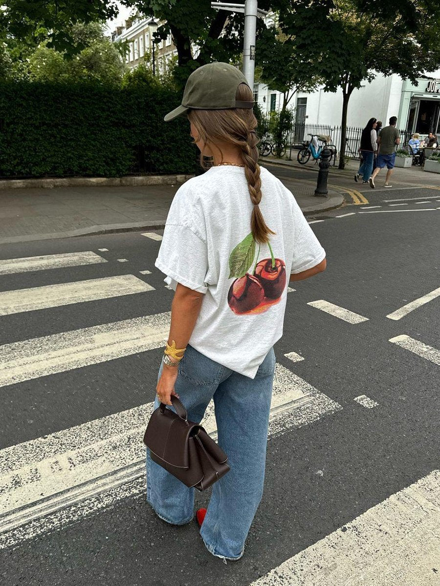 Maxct American Style Retro Fruit Cherry Print Pure Cotton Short-sleeved T-shirt Summer Women's National Fashion Oversize Hot Girl Top Fashion