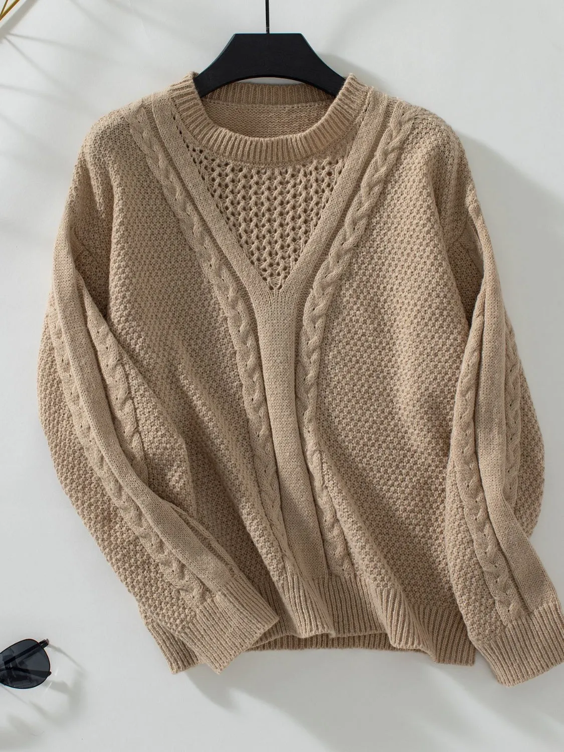 Maxct &Openwork Cable-Knit Round Neck Long Sleeve Sweater