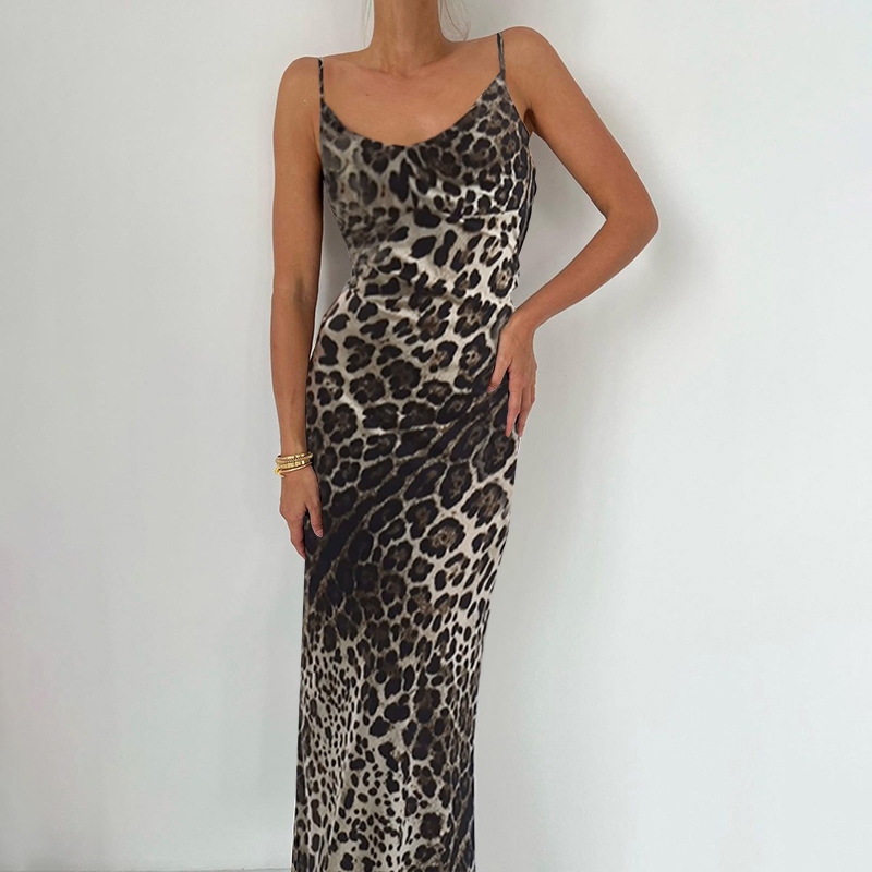 Maxct Summer 2024 New Slim Strap Dress Style Sexy Leopard Print Backless Strap Dress