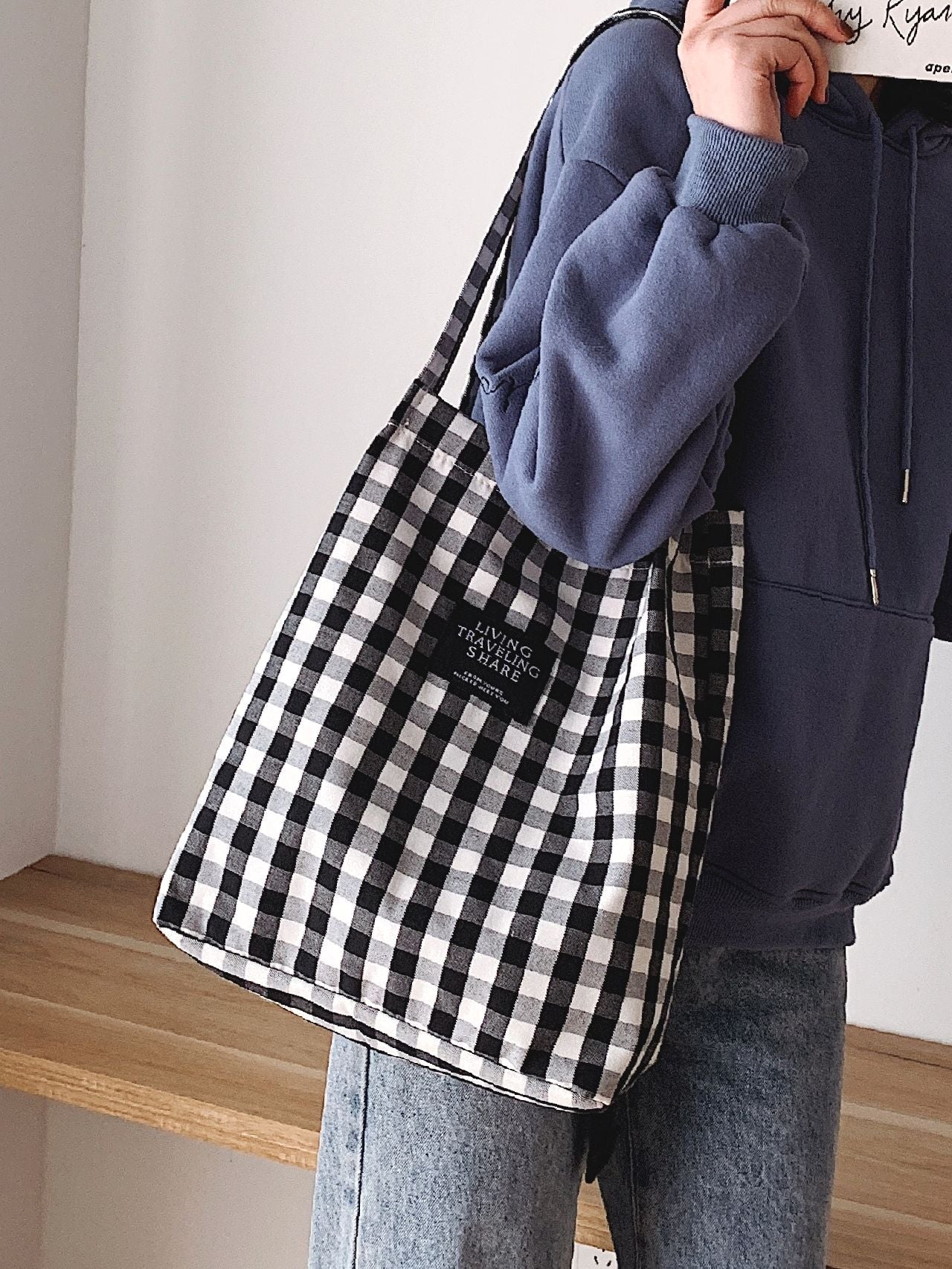Maxct - Letter Patch Gingham Shopper Bag  - Women Tote Bags