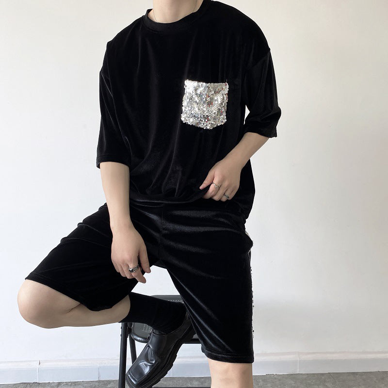 Maxct Glitter Sequin Pocket Velvet T-Shirt Shorts Set