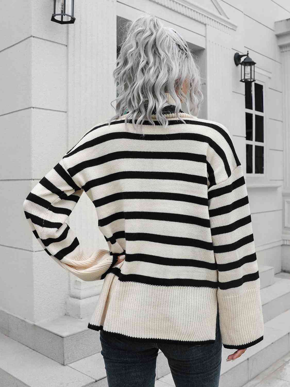Maxct &Striped Slit Turtleneck Drop Shoulder Sweater
