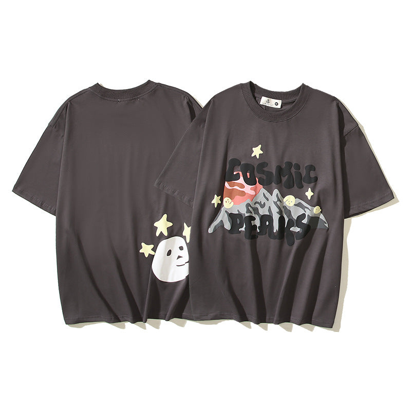 Maxct 90S Streetwear Bp American Retro Street Cartoon Letter Foam Printing Wash Men'S And Women'S Os High Street Short Sleeve T-Shirt Men'S And Women'S Same Style
