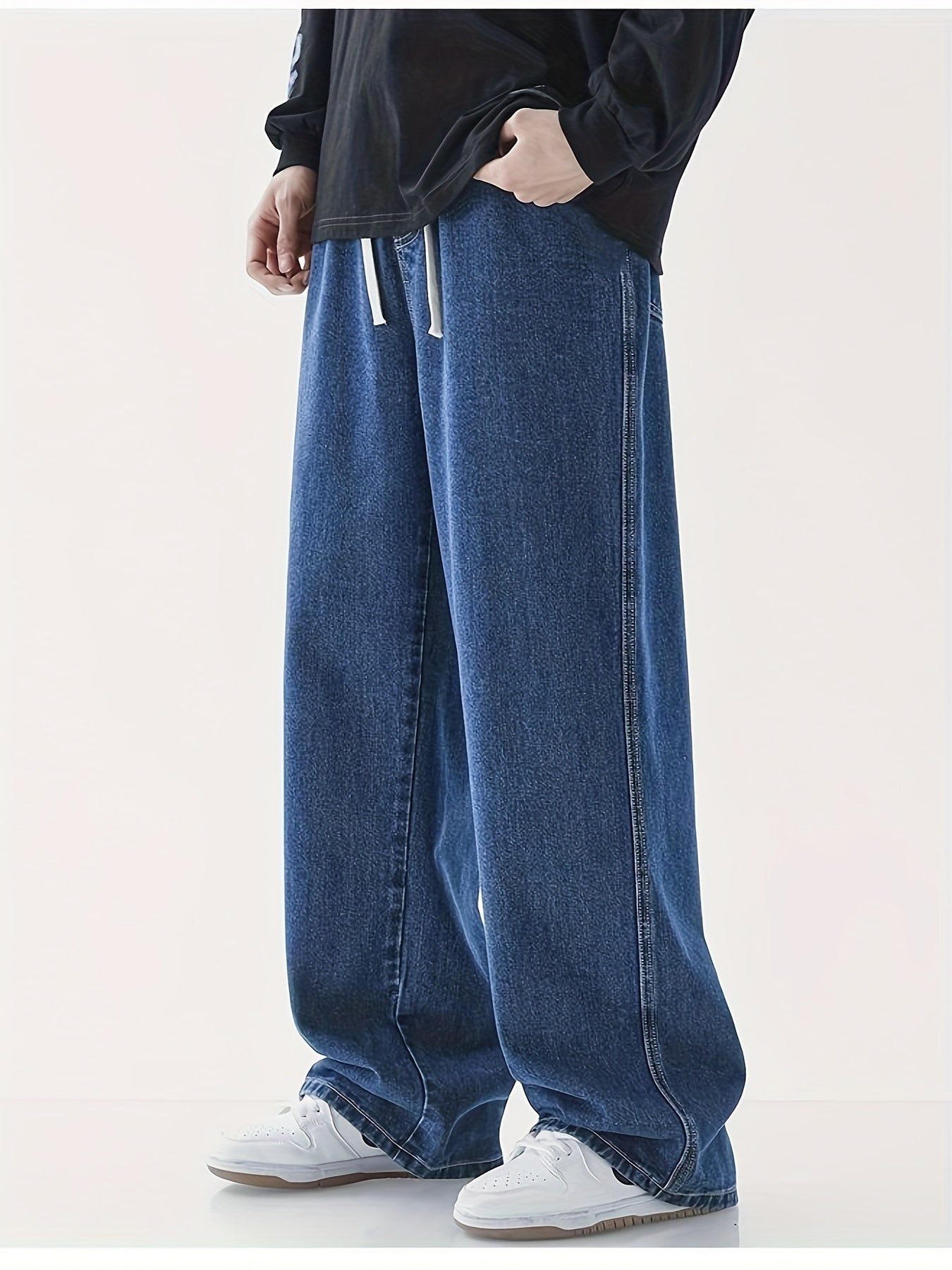 Maxct Wide Leg Cotton Jeans, Men's Casual Street Style Loose Fit Denim Pants For Spring Summer
