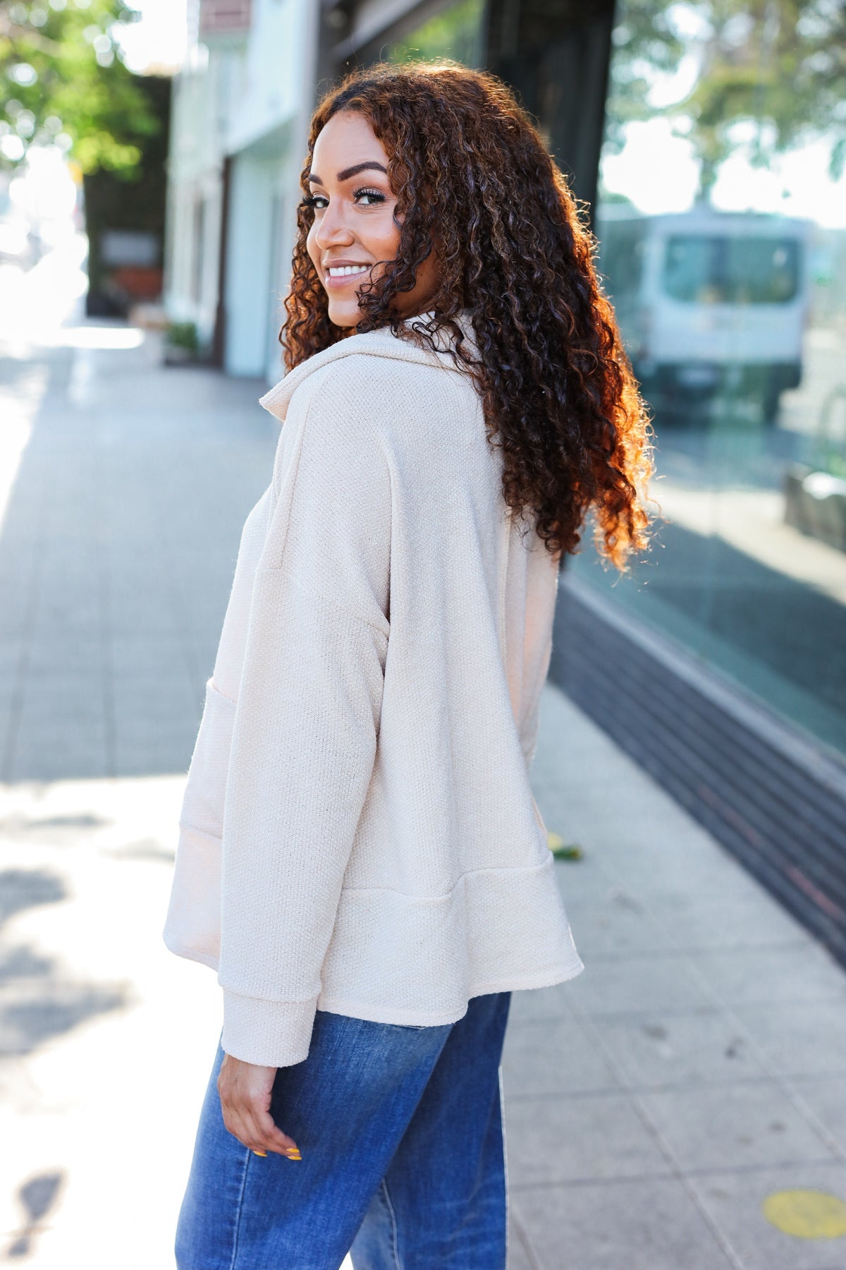 Maxct &Easy Living Oatmeal Textured Knit Notch Neck Oversized Collar Sweater