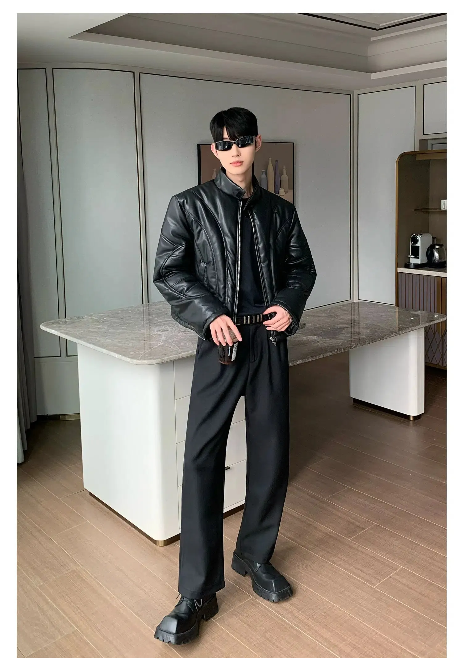 Maxct Quilted Collar Short PU Leather Jacket