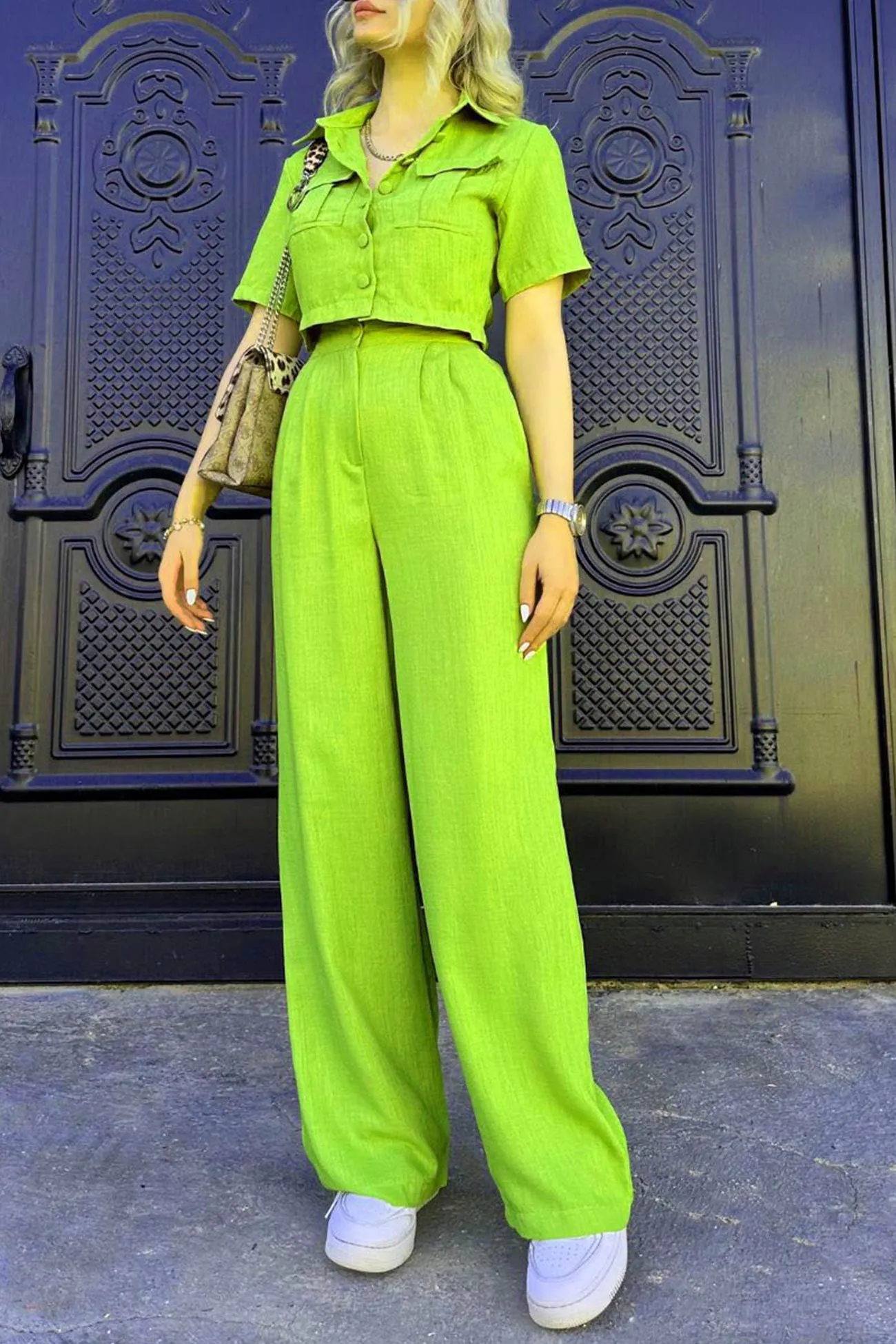 Maxct Solid Crop Blouse Long Pants Set