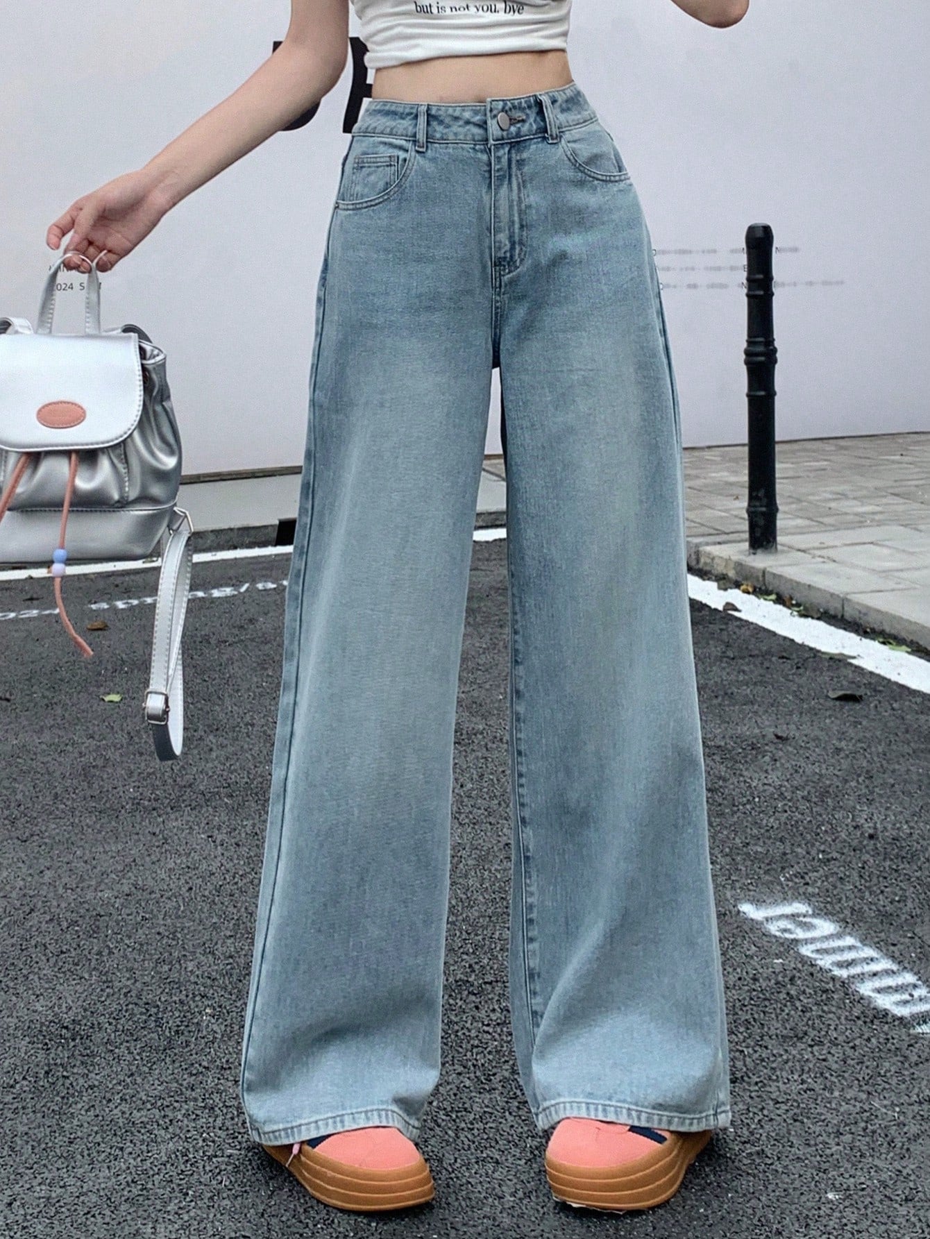 Maxct Women's Fashionable Wide-Leg Denim Pants, Solid Color, Loose Fit