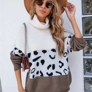 Maxct &Leopard Color Block Turtleneck Sweater