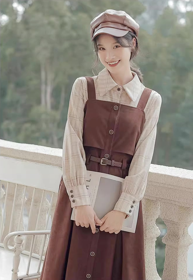 Suede Button Up Cami Pinafore Dress Set Maxct