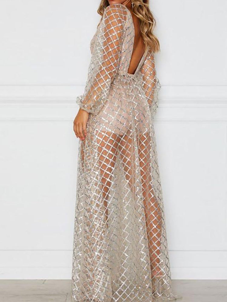 Sequins Mesh V Neck Maxi Dress Maxct
