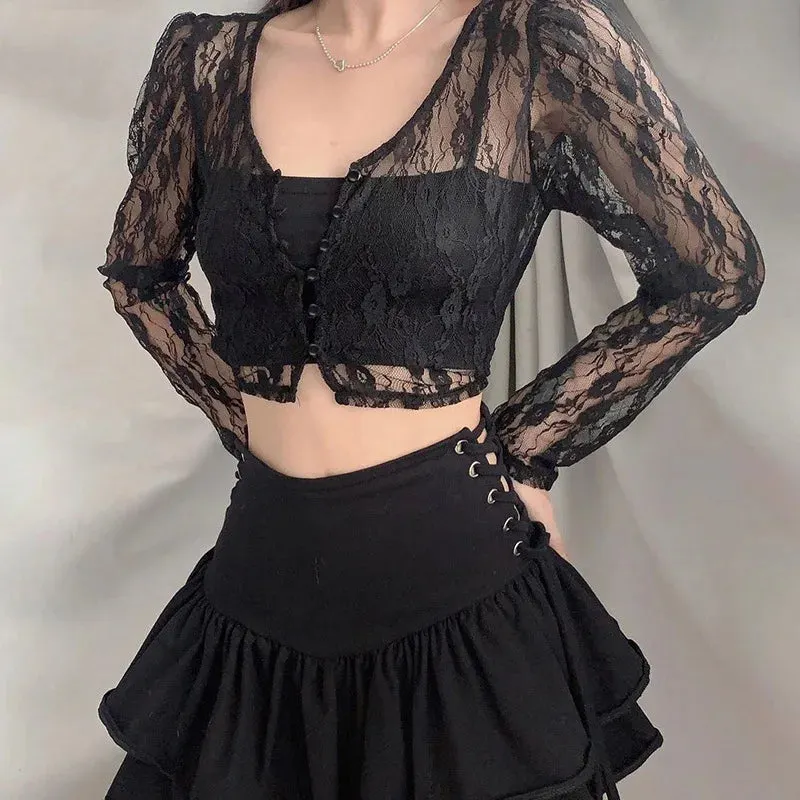 Maxct 90s Vintage Button Up Long Sleeve Crop Top Floral Lace Transparent T-shirt Korean Harajuku Slim Fit Tees Y2K Women Streetwear