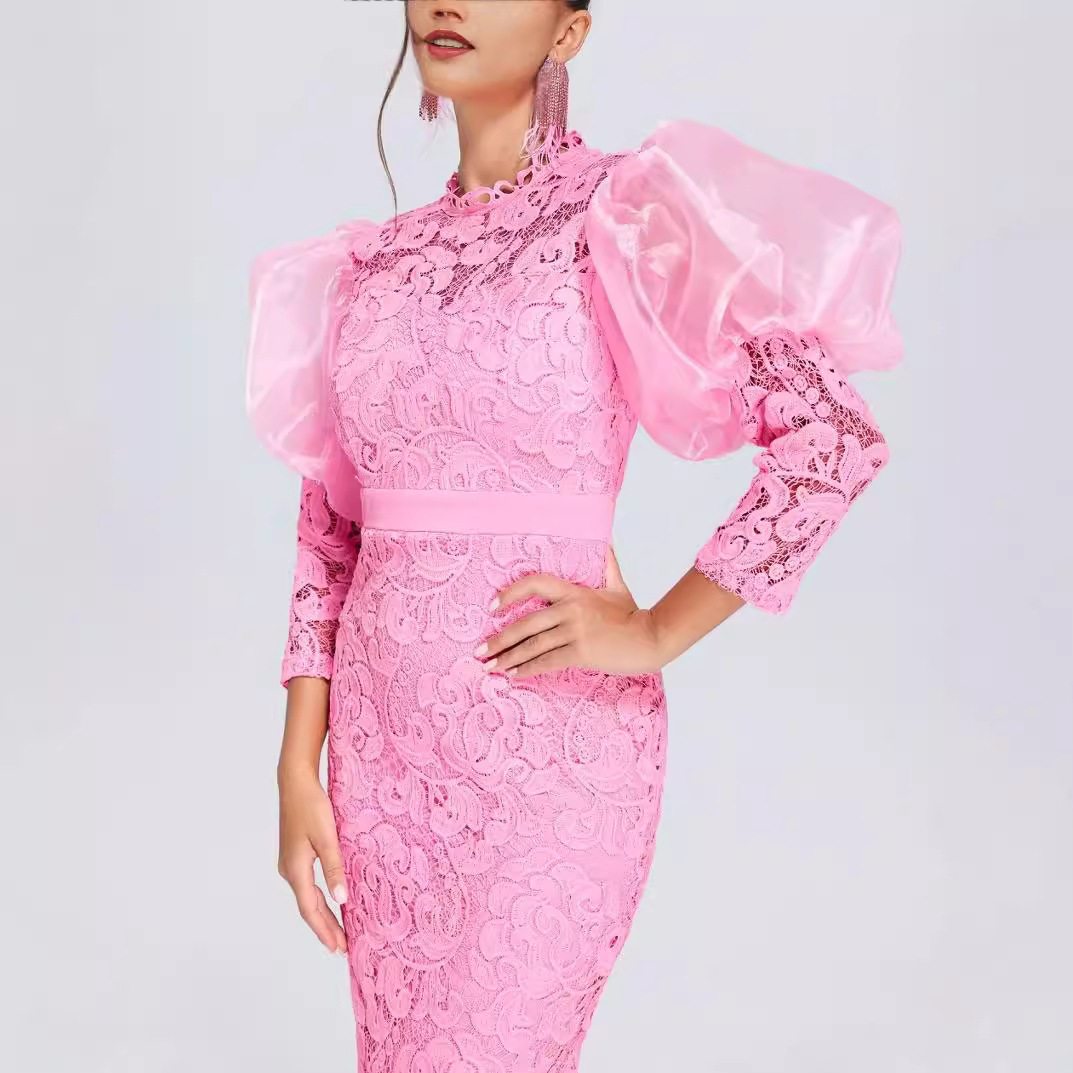 Maxct High-End Dress Dress Lace See-through Puff Sleeve Slim Party Dress Elegant Exquisite Women Dress