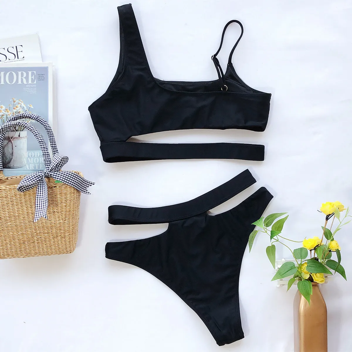 Cut Out Pure Color Bikini Fashion Bikini Fashion Sexy Split Swimsuit Women Swimsuit