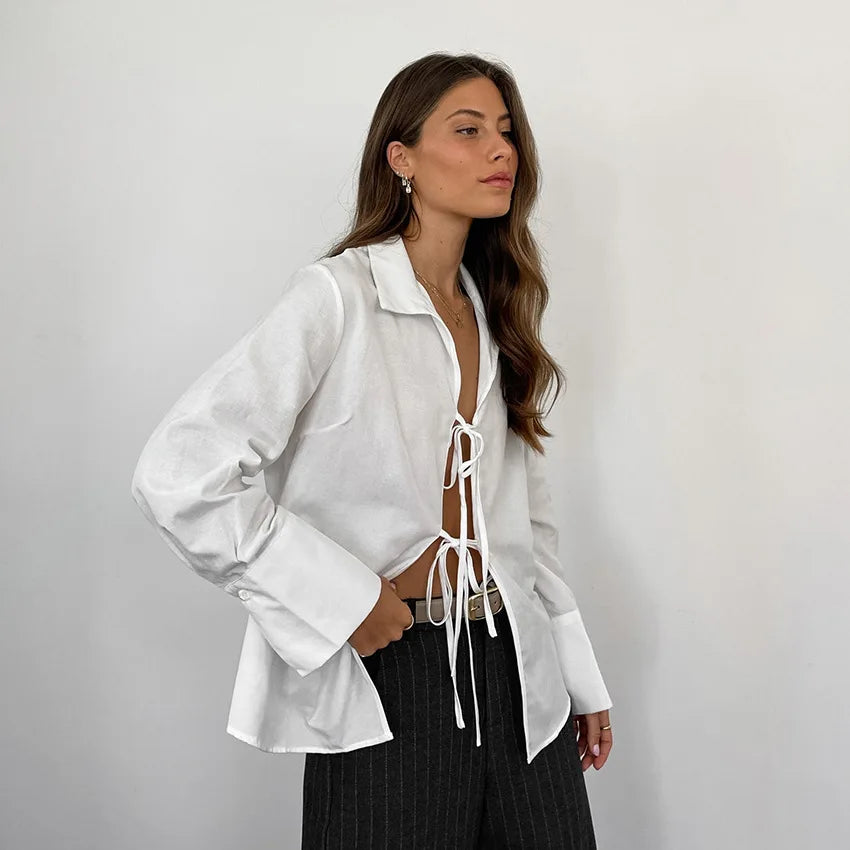 Maxct Hollow Out Lace Up White Cotton Linen Shirt Women's Long Sleeve Loose Casual Sexy Lapel Cardigan Top Female Summer new