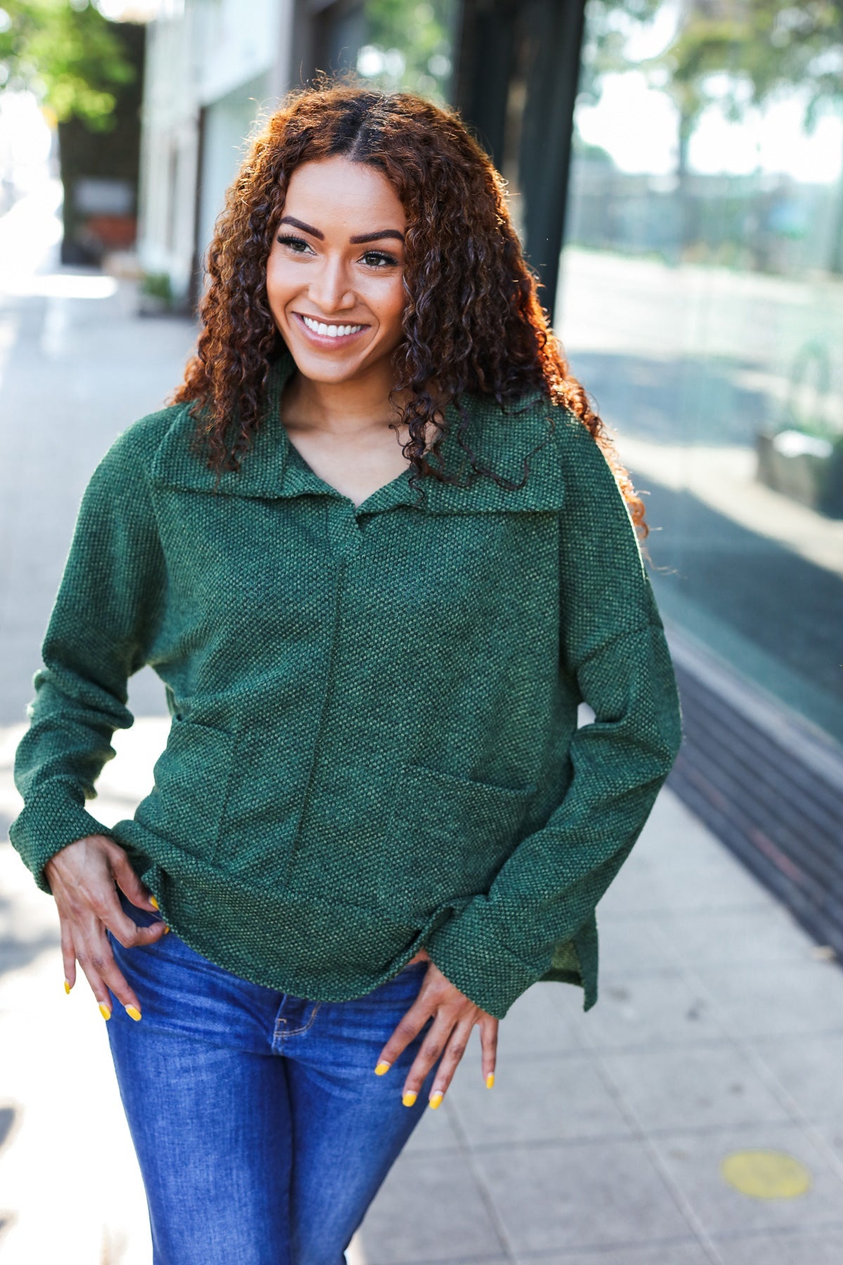 Maxct &Easy Living Olive Textured Knit Notch Neck Oversized Collar Sweater