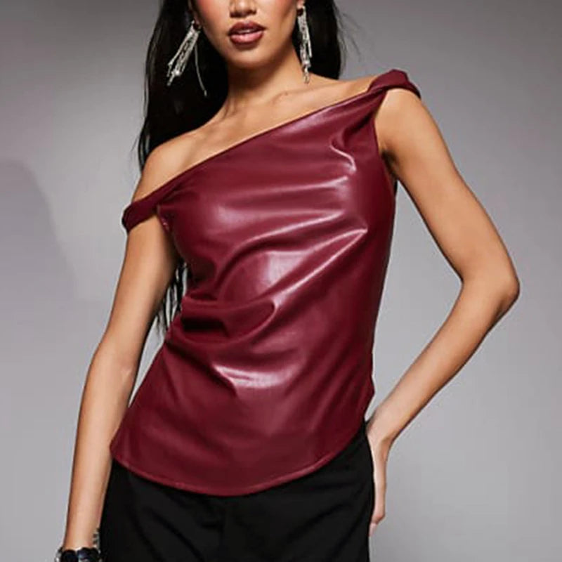 Maxct Skew Collar Short Leather Top For Women Sleeveless Pleated Slim Pullovers Fashion Irregular High Street T shirt Hot Girl