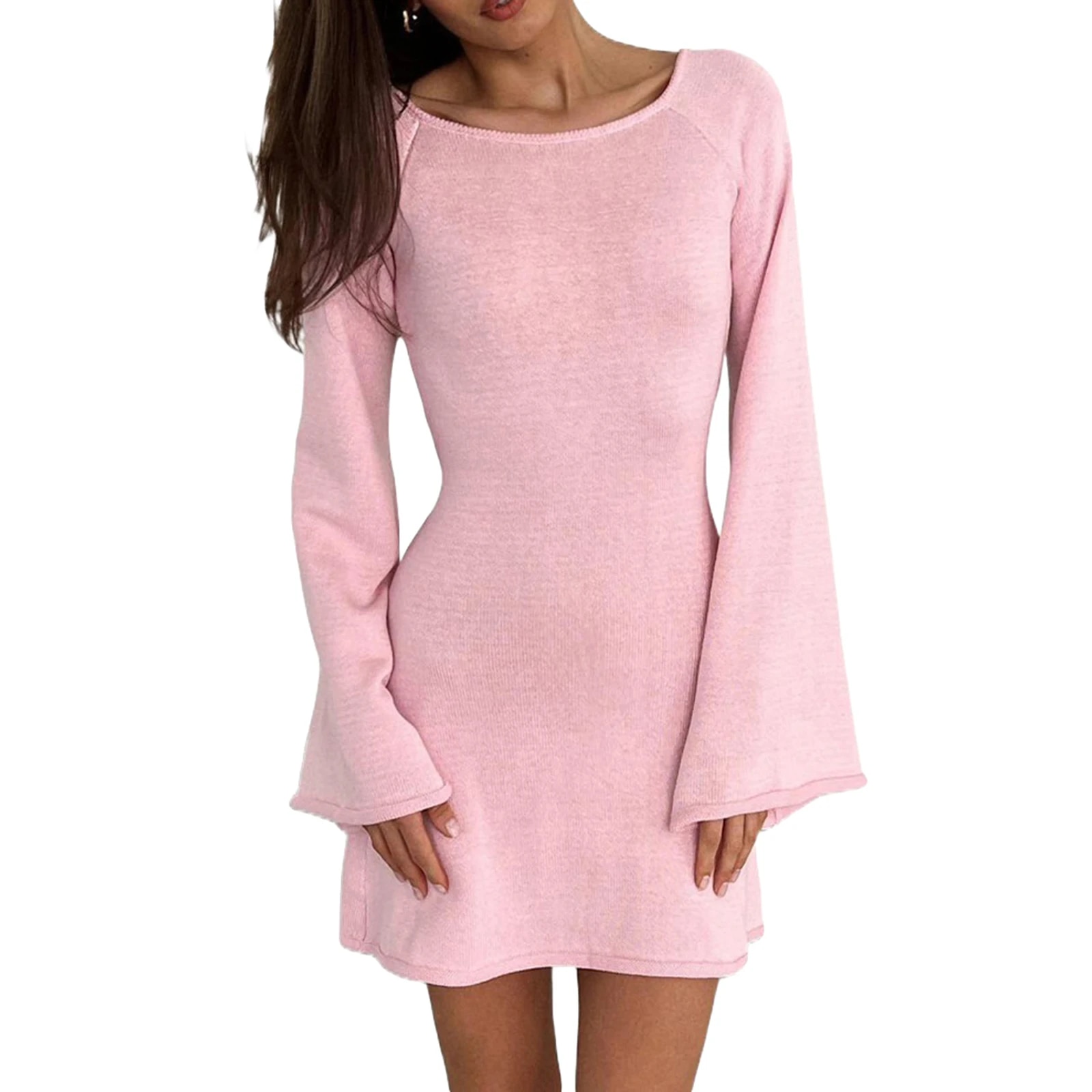 Maxct Women Knitted Dress Casual Solid Color Backless Long Sleeve Mini Party Dress for Beach Cocktail Club Streetwear