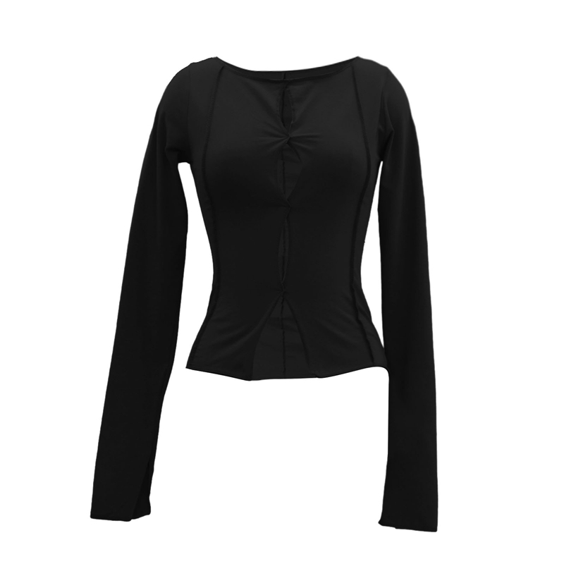 Korean Mall Goth Crop Tops Harajuku Grunge Front Hollow Out T-shirt Gothic Long Sleeve Slim Fit Tees 00s Retro Clothes