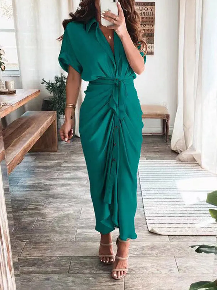 Satin Pleated Bandage Shirt Dress Maxct