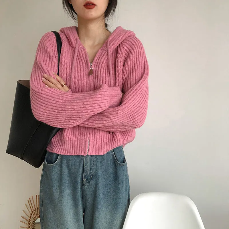 Maxct Vintage Zip Up Knitted Hooded Cardigan