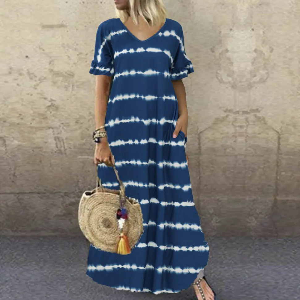 Maxct Maxct Summer Dress Wishv-Neck Lotus Sleeve Striped Print Dress Plus Size Casual Dress
