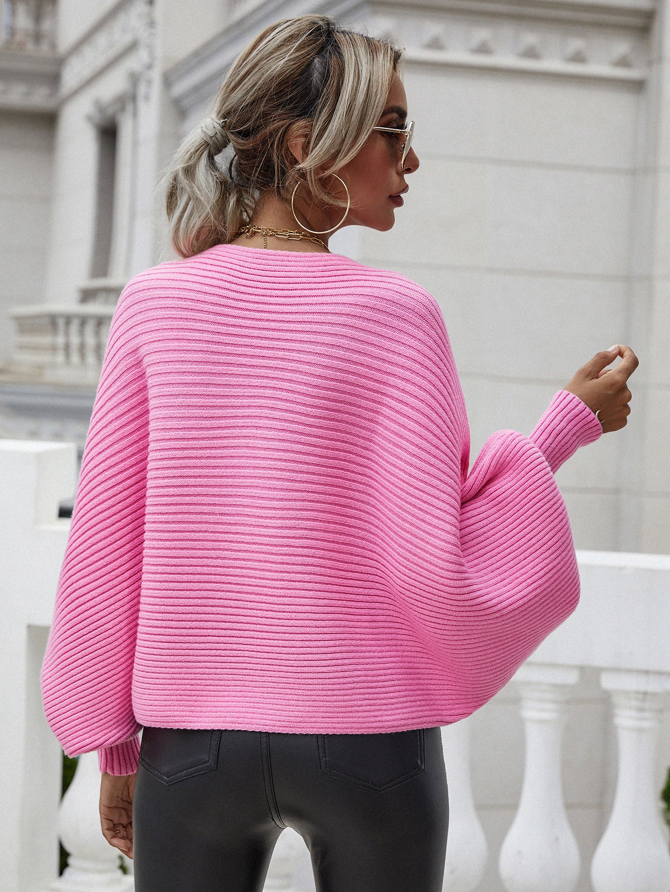 Maxct &Woven Right Horizontal Ribbing Dolman Sleeve Sweater