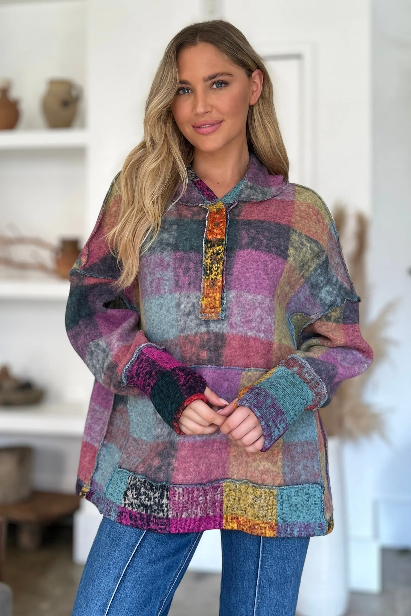 Maxct &Double Take Full Size Plaid Dropped Shoulder Fleece Hoodie