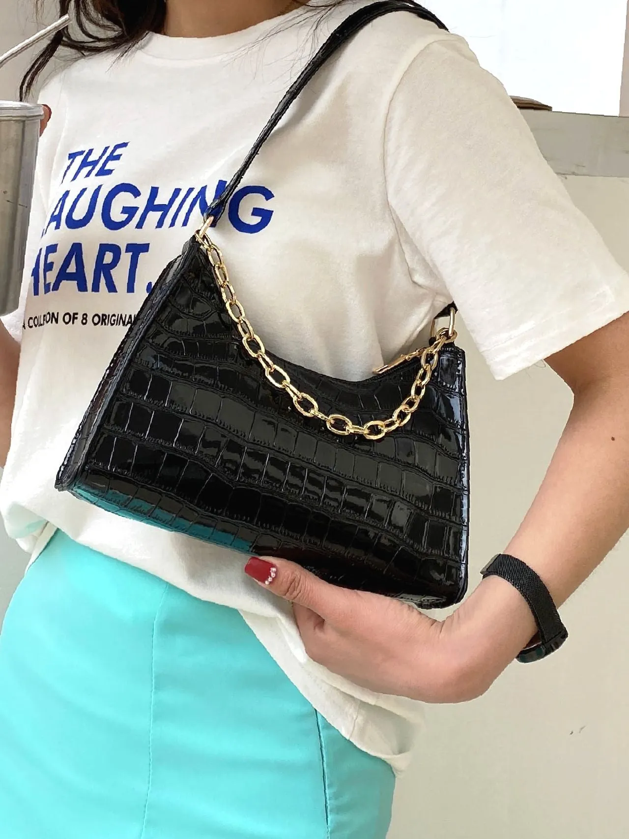 Bag For Love - Chain Decor Croc Embossed Maxct Bag  - Women Maxct Bags