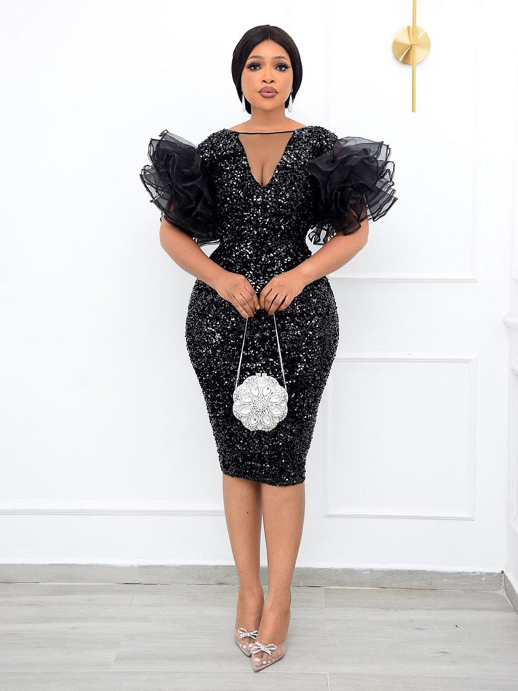Sequin V Neck Puff Sleeve Party Dress Maxct