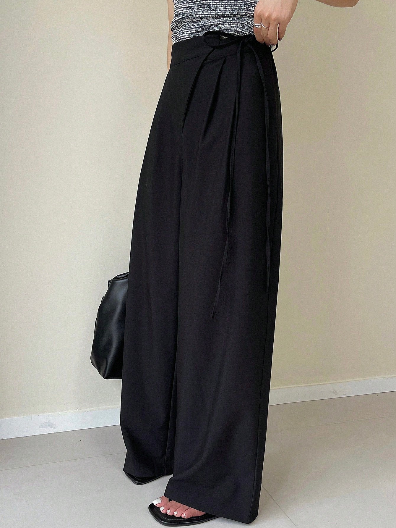 Maxct Solid Color Asymmetric Thin Strap Wide Leg Pants Women's Suit Trousers