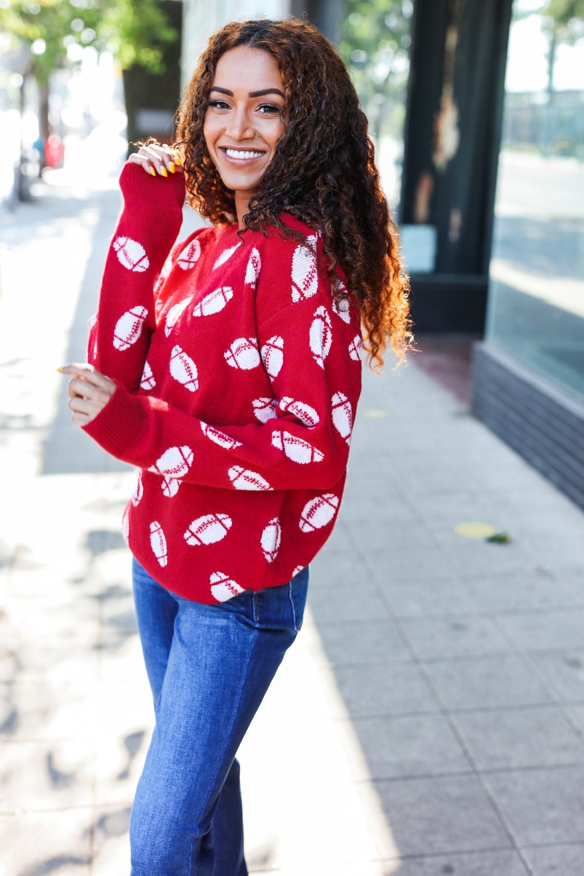 Maxct &Game Day Red Football Print Jacquard Knit Sweater