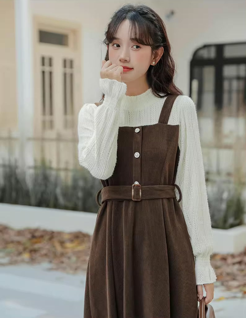 Corduroy Knit Belted Twofer Midi Dress Maxct