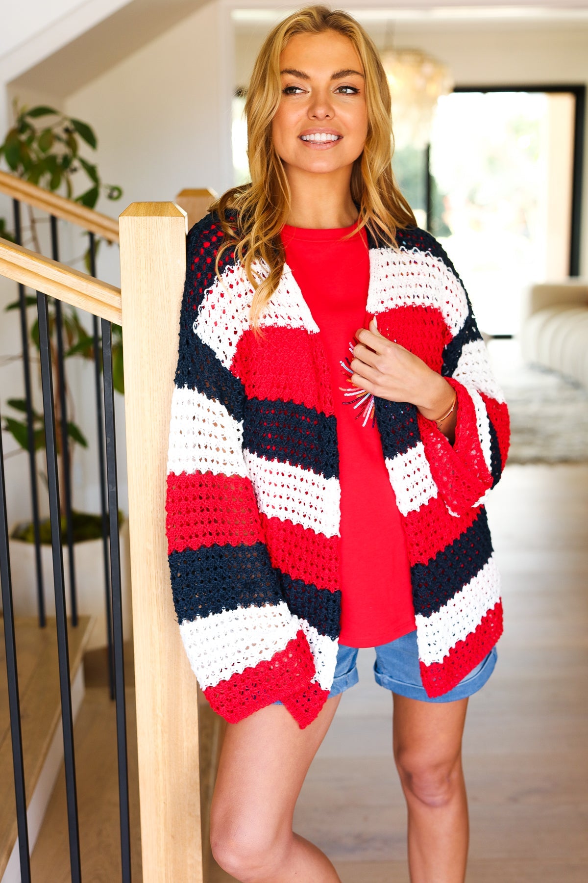 Maxct &Simply Patriotic Red White & Blue Striped Crochet Cardigan