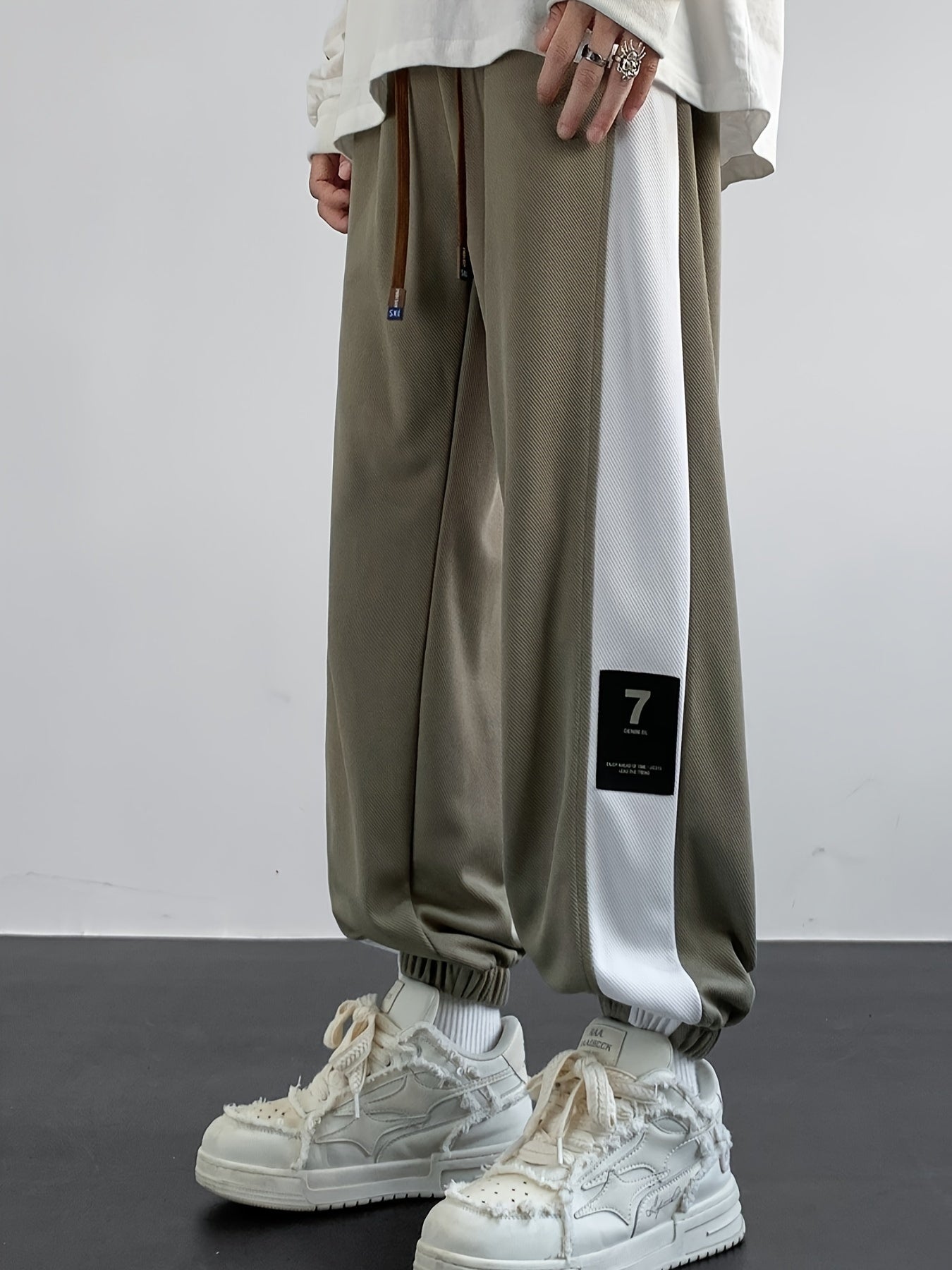 Maxct  Chic Color Block Joggers, Men's Casual Stretch Waist Drawstring Sports Pants Sweatpants