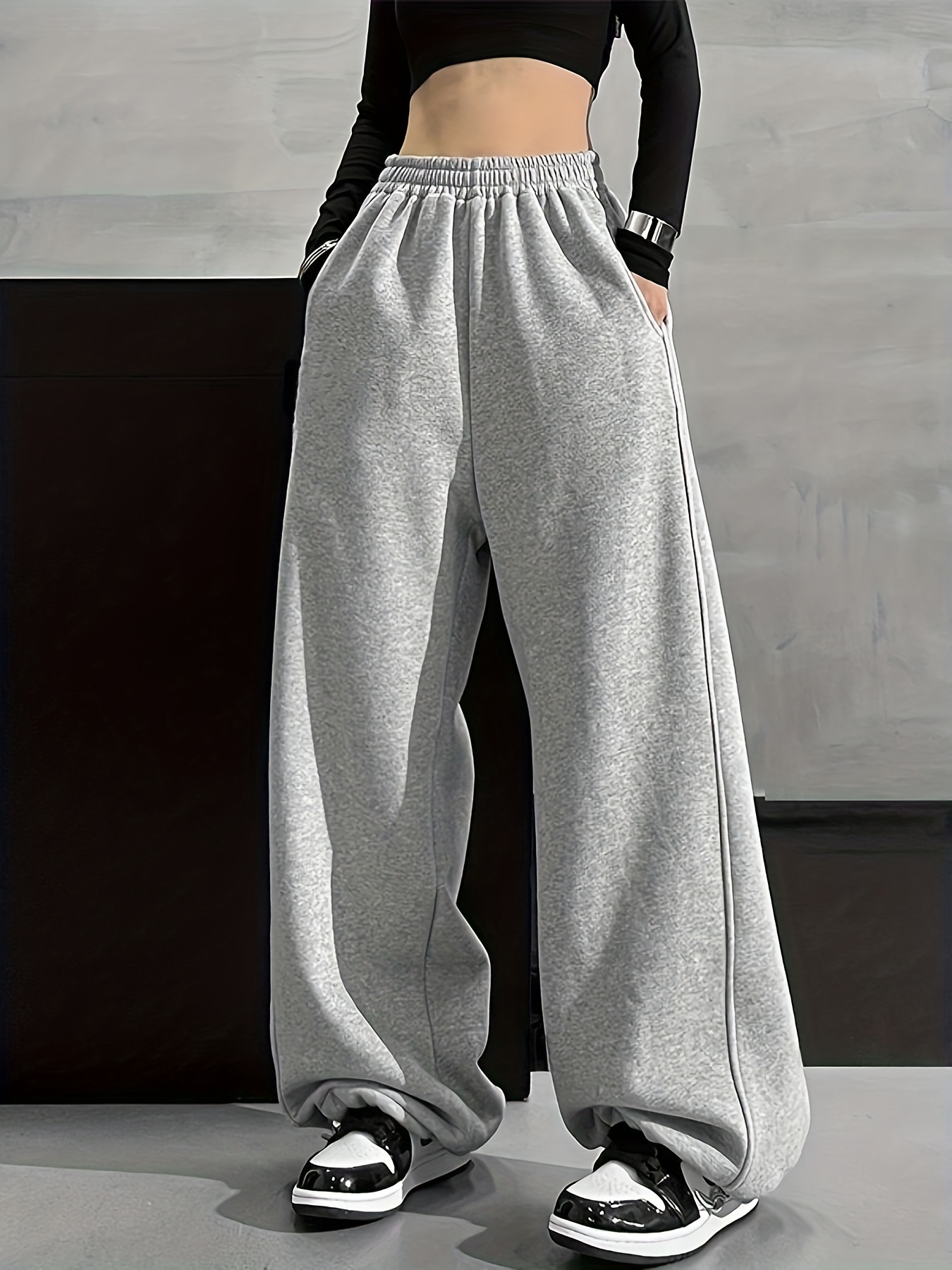 Solid Comfy Wide Leg Pants, Casual Elastic Waist Loose Pants With Pocket, Women's Clothing