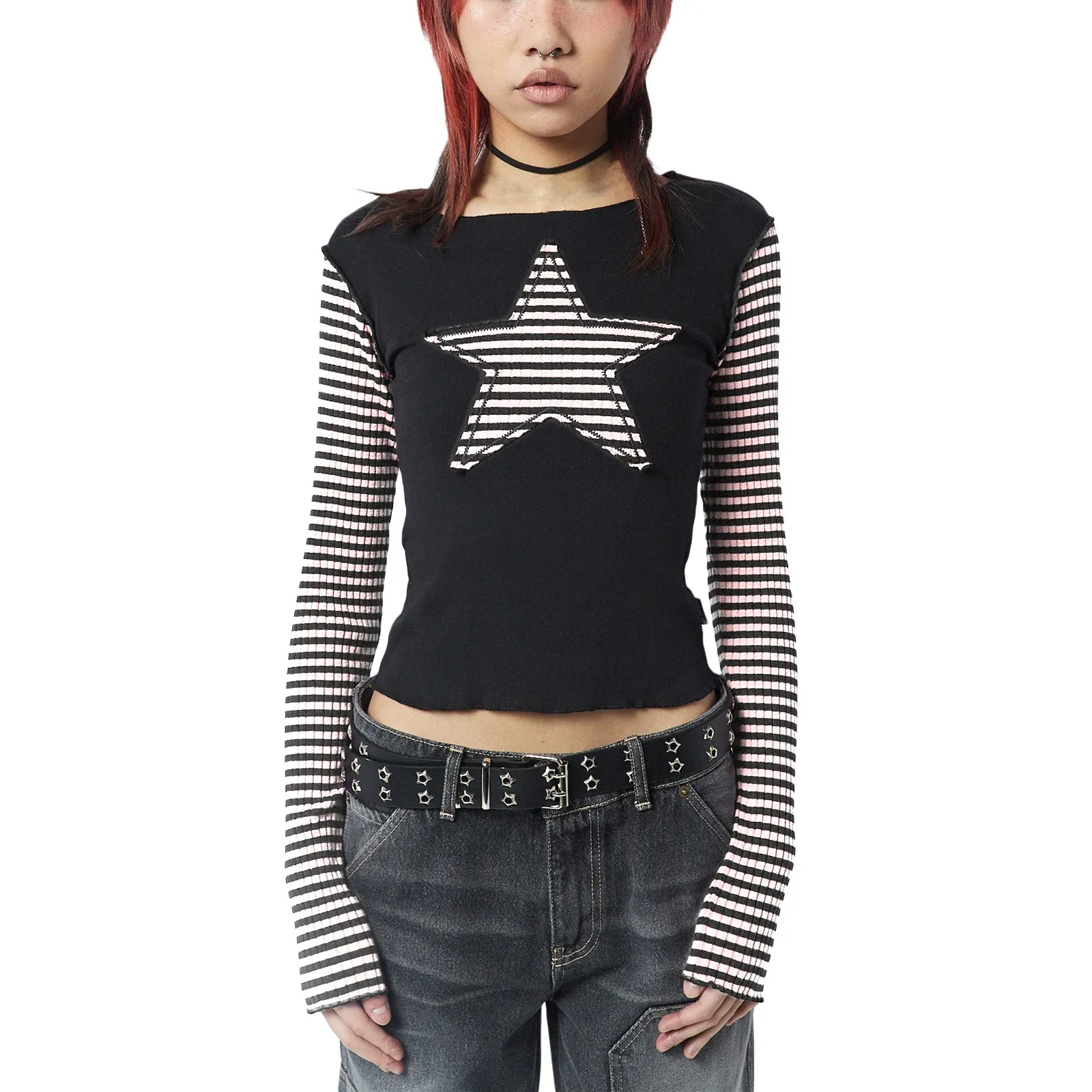 Maxct 90s streetwear Y2K Star Striped Sweet Cool Women's Long Sleeve Striped Stitching T-shirt Five-Pointed Star Embroidered Casual Top 3324