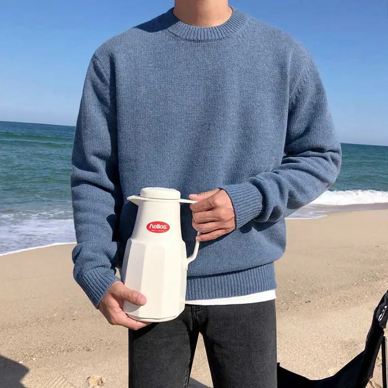 Maxct streetwear men outfits Sweater Men's Korean-Style Loose round Neck Solid Color Sweater Autumn and Winter Thickened Trendy Boys Bottoming Shirt outside