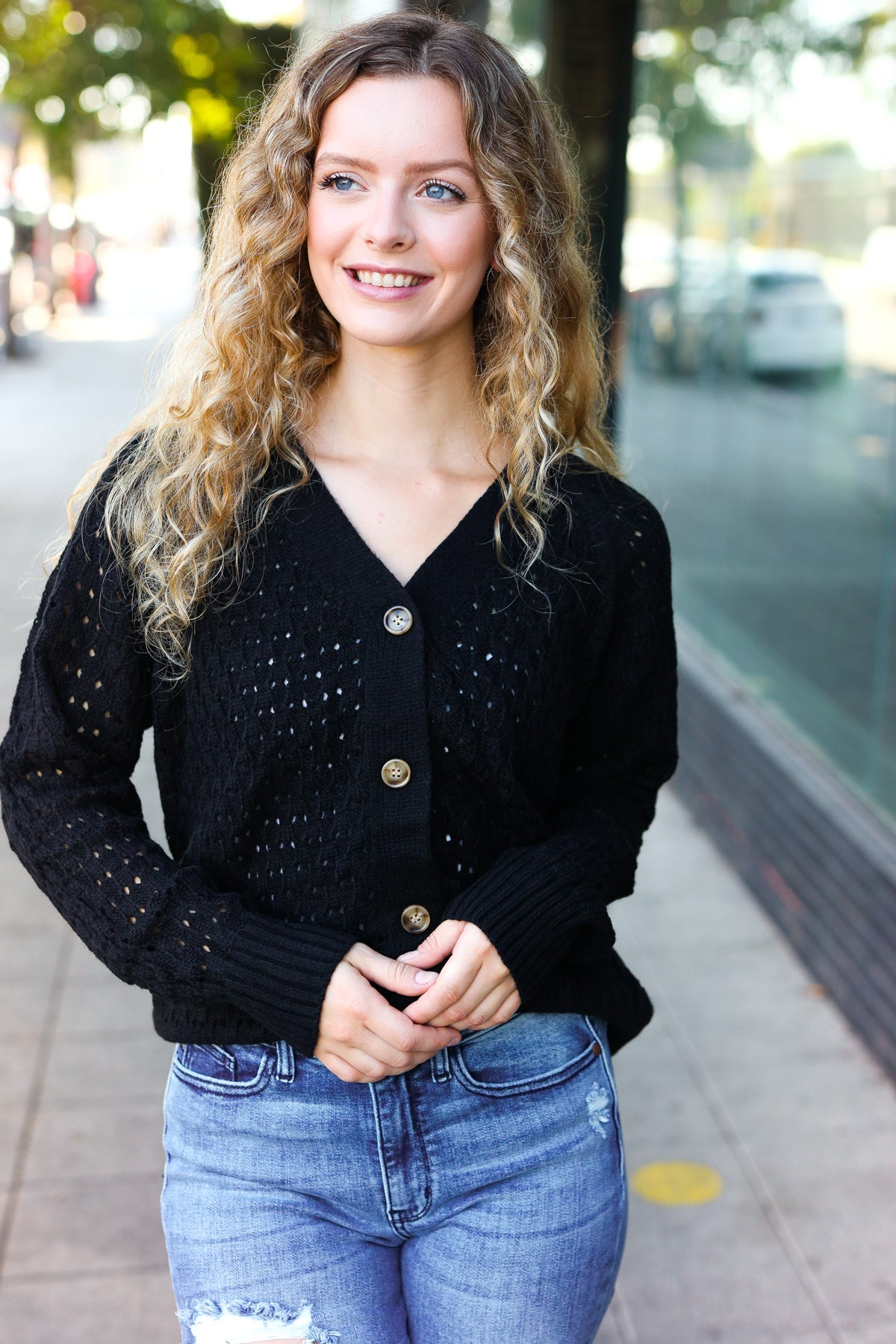Maxct &Follow Me Black Pointelle Knit Button Down Cardigan
