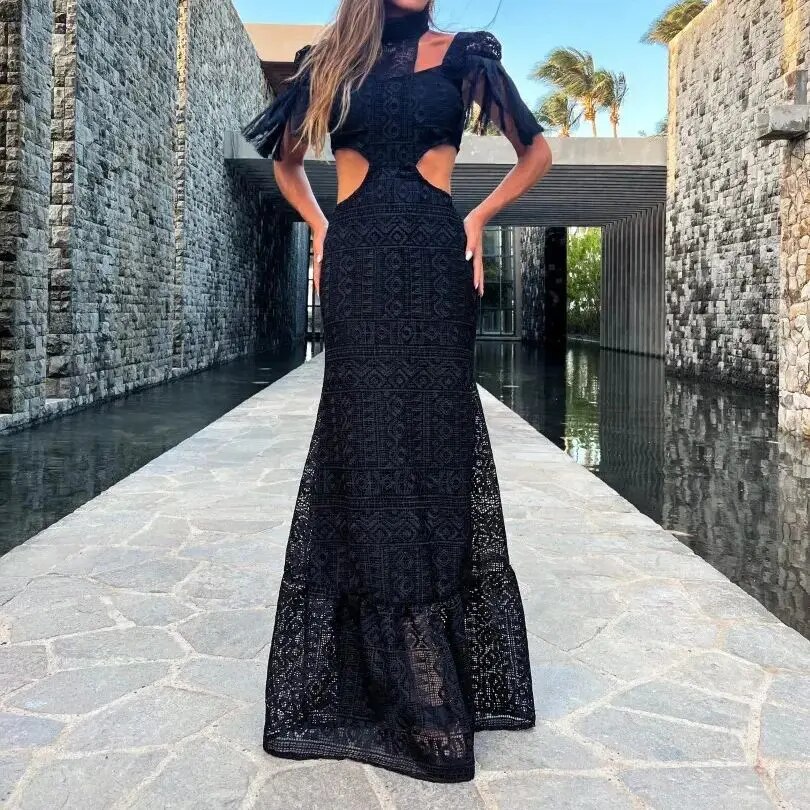 Maxct White Lace Women Dress Turtleneck Tassel Sleeve Slim Naked Waist Hollow Out Long Dress Summer Beach Female Knit Robe