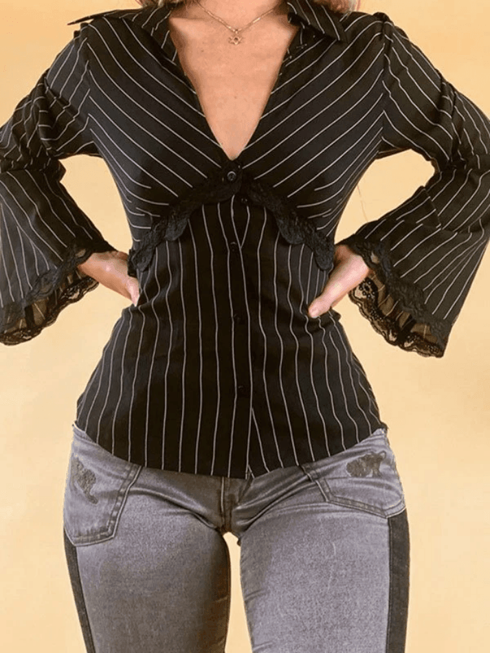 Maxct Lace Paneled Long Sleeve Striped Blouse