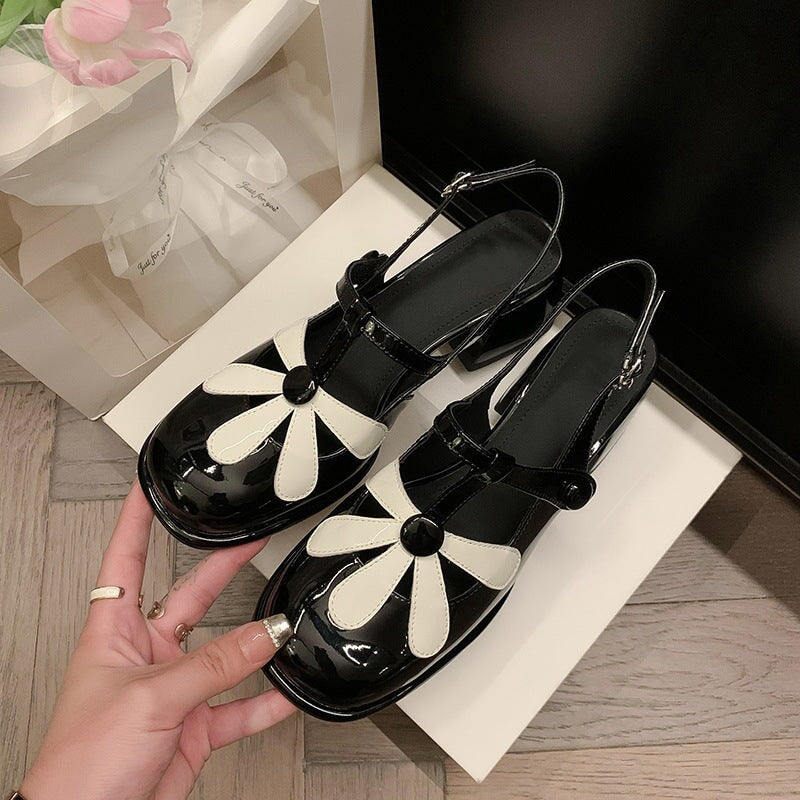 T strap Flower Detail Mary Jane Slingback Sandals Block Heel Square Toe Maxct