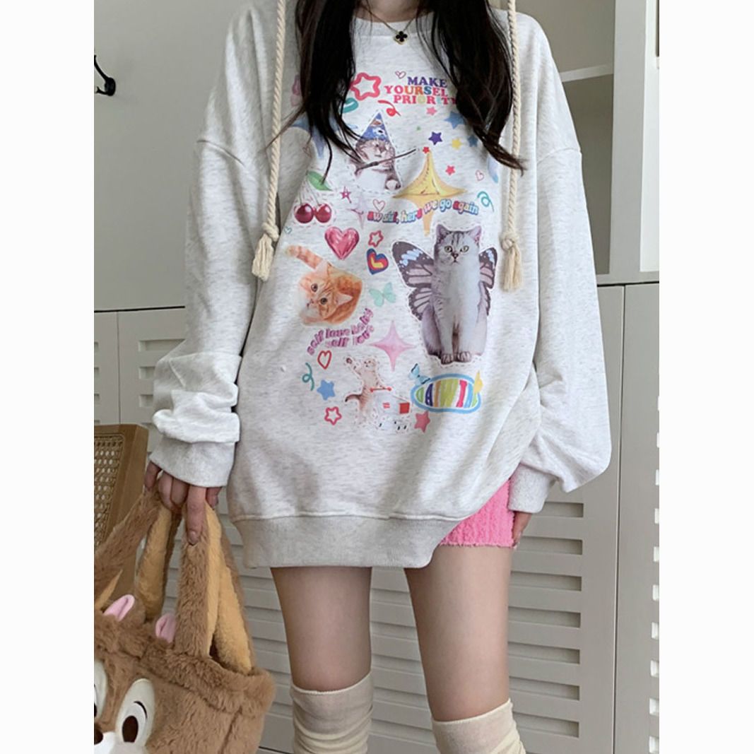 Kawaii Cat Print Hoodie Women Cutecore Long Sleeve Sweatshirt American Retro E-girl Kitten Angel Graphic Alt Clothes Y2k