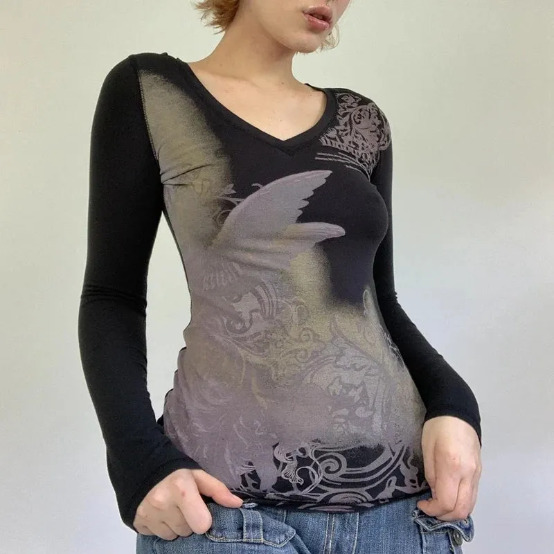 Maxct Graphics Print Y2K Retro T Shirt Indie Aesthetics Mall Goth Sweats Tees Autumn Spring Long Sleeve Crop Tops 90s Vintage Grunge
