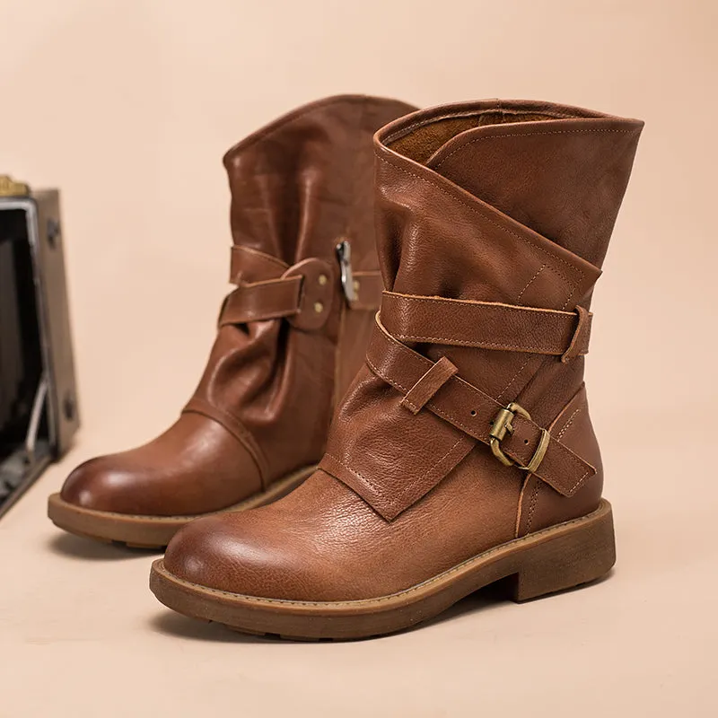 Womens Retro Mid Calf Boots for Winter Buckles Boots Coffee/Brown/Black Maxct