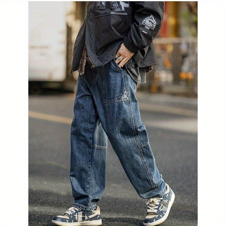 Maxct  Wide Leg Cotton Jeans, Men's Casual Street Style Patchwork Denim Pants For Spring Summer