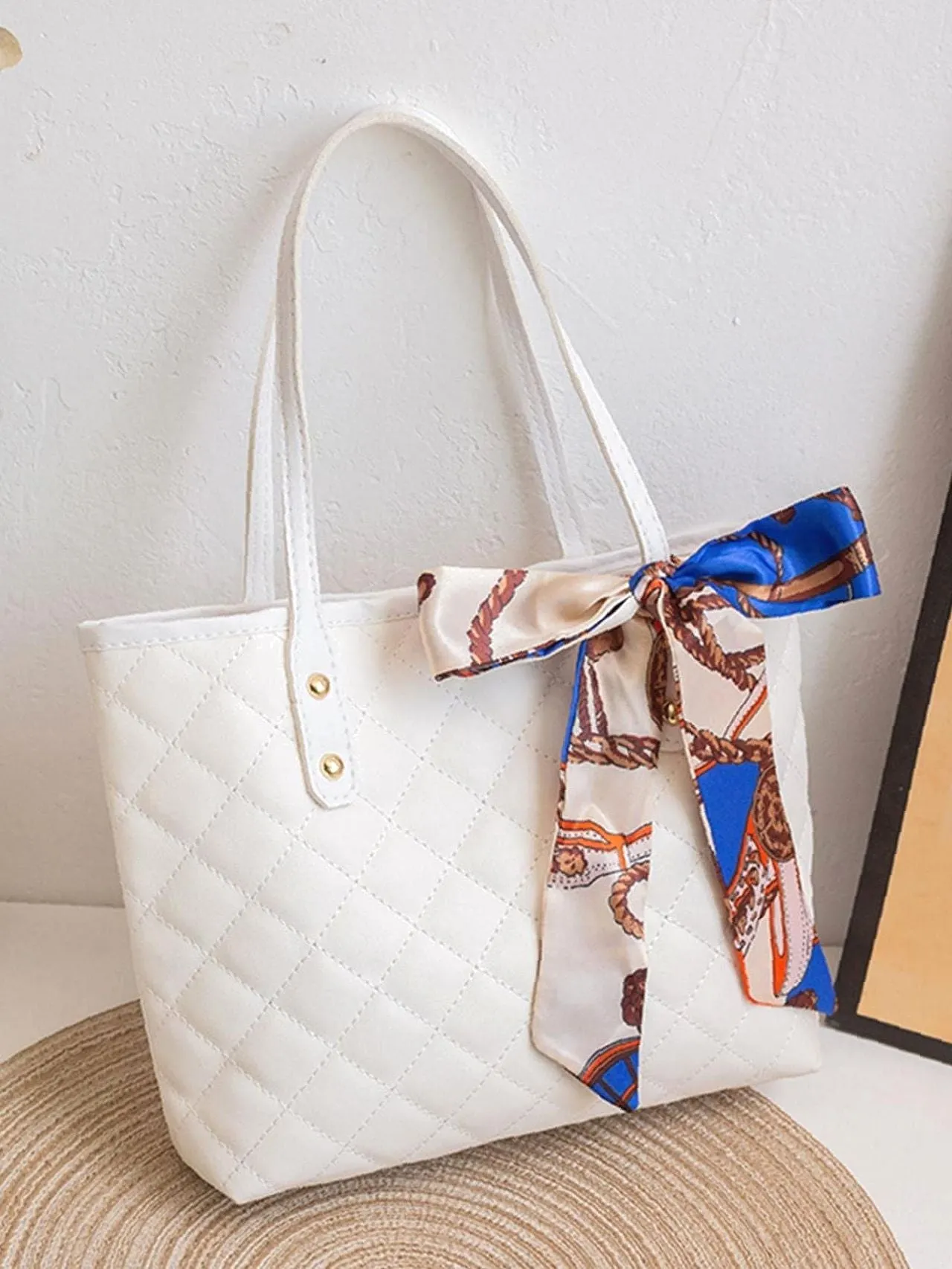 Maxct - Twilly Scarf Decor Quilted Shoulder Tote Bag  - Women Tote Bags