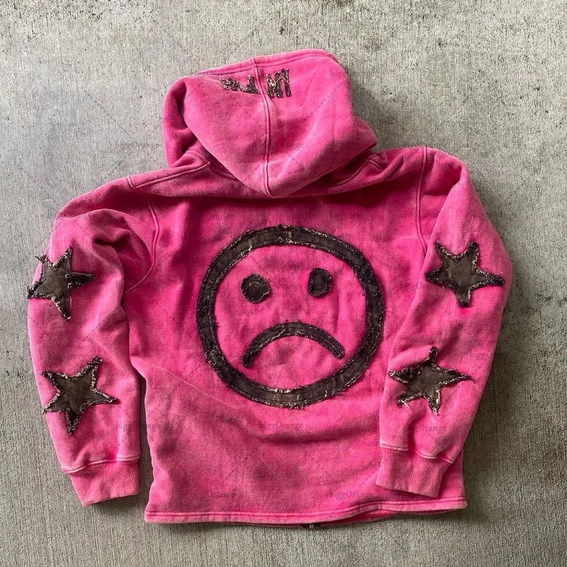 Maxct 90s Streetwear Trendy Brand Crying Face Letter Embroidered Zipper Hoodie Men Y2k Retro Harajuku Jacket Hip-hop Rock Casual Oversized Sweatshirt