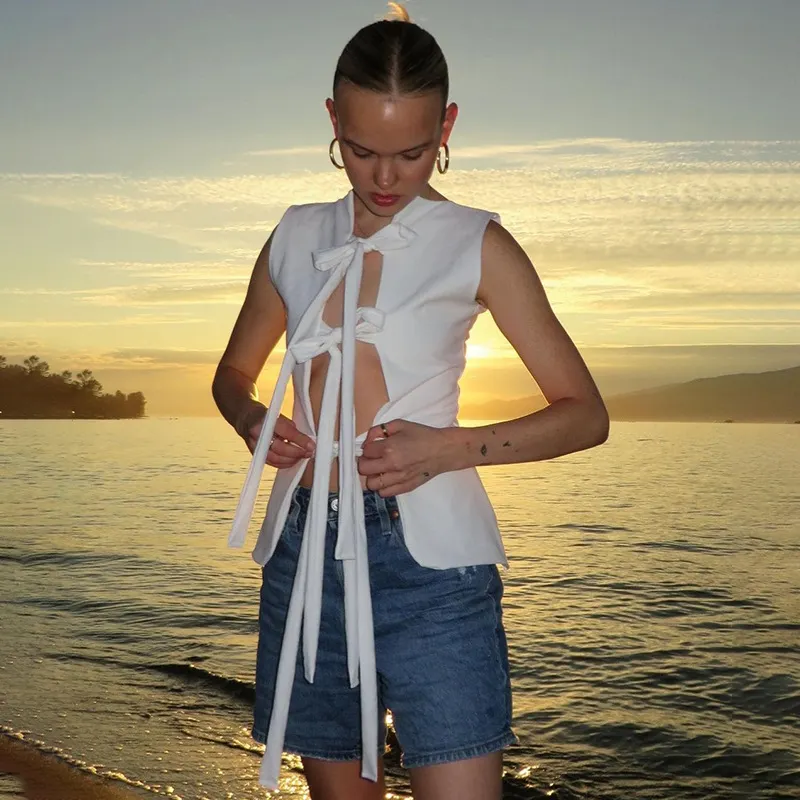 Sexy Crop Top Sleeveless Slim Fit Bandage Hollow Out Women's Beach Party Tank Top Solid Color Fashion Hot Girl T-Shirt