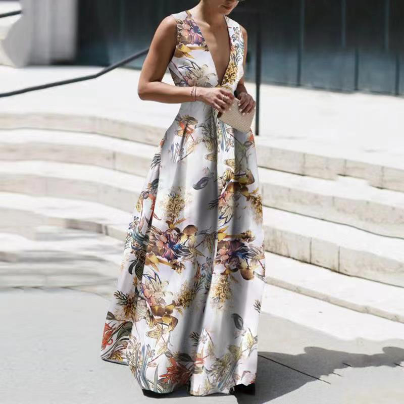 Maxct Summer Autumn Long Dress Fashion Retro Floral Print Sleeveless Holiday Dress Sexy Women Deep V Neck Elegant Party Dress